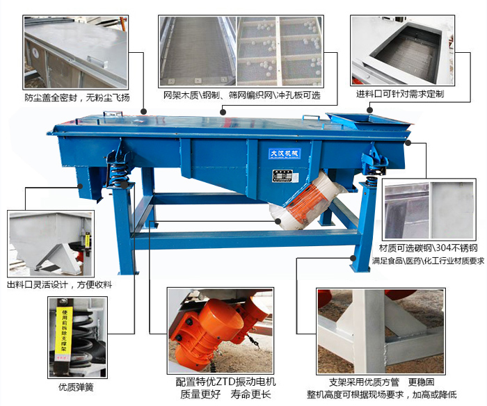 方形振動(dòng)篩結(jié)構(gòu)包括：防塵蓋：全密封，無粉塵飛揚(yáng)。網(wǎng)架木質(zhì)/鋼制，篩網(wǎng)編織網(wǎng)/沖孔板可選。進(jìn)料口可針對(duì)需求定制。出料口靈活設(shè)計(jì)，方便受料，材質(zhì)可選碳鋼/304不銹鋼滿足食品/醫(yī)藥/化工行業(yè)材質(zhì)要求。優(yōu)質(zhì)彈簧。配置特優(yōu)ZTD振動(dòng)電機(jī)質(zhì)量更好，壽命更長。支架采用優(yōu)質(zhì)方管，更穩(wěn)固整機(jī)高度可根據(jù)現(xiàn)場要求，加高或降低。